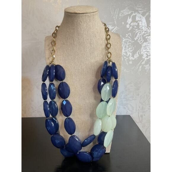 Chunky Blue & Mint Beaded Statement Necklace With Gold Chain - Picture 1 of 5